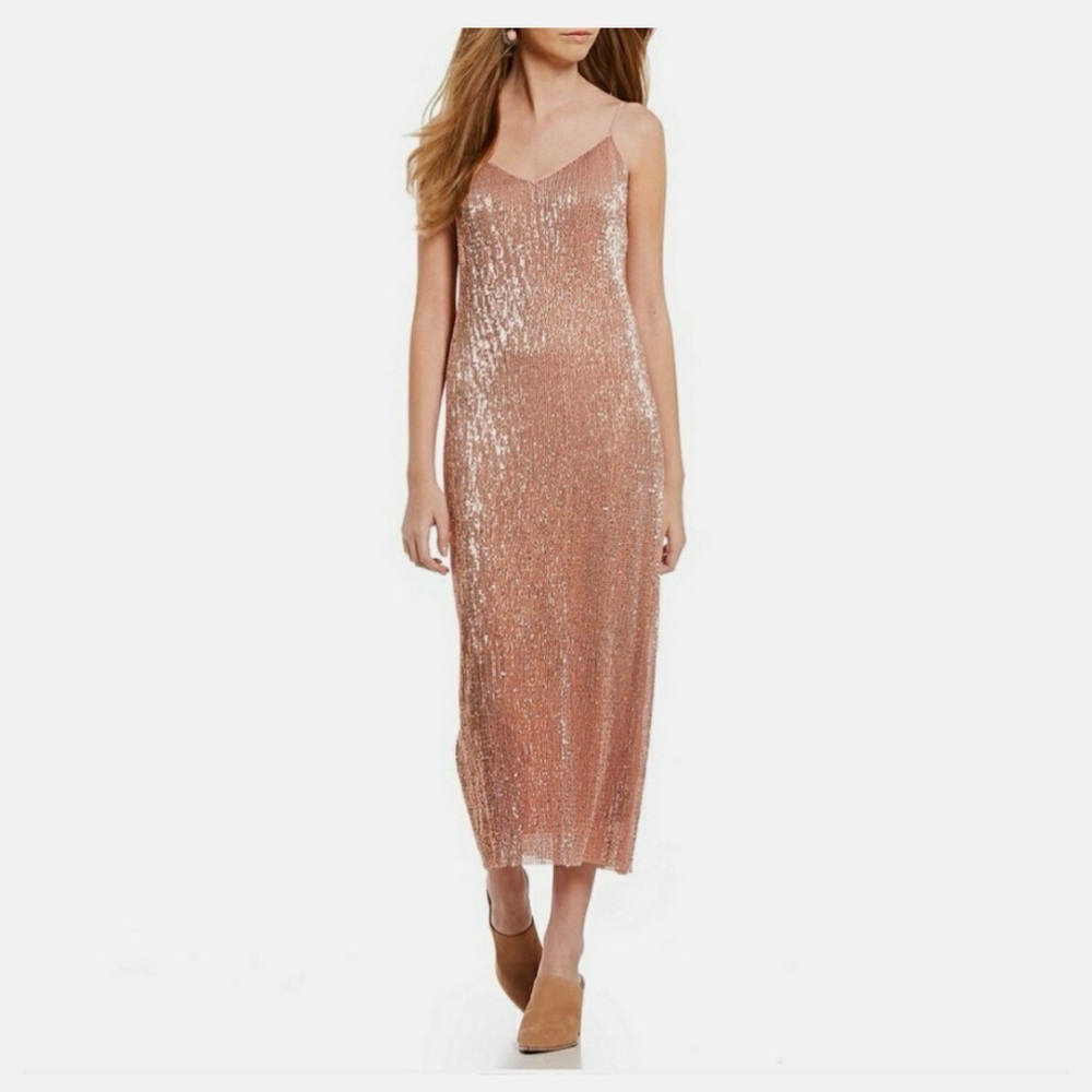 1. State Shimmering luster nude sequin Midi Dress